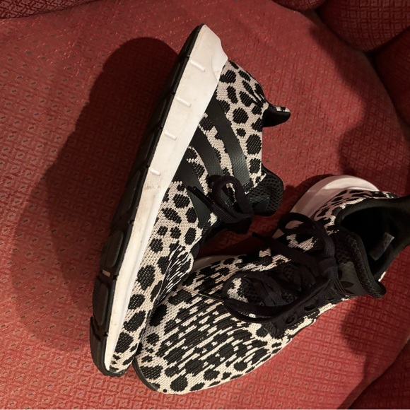 EUC Adidas swift running shoe with slip on feature; black and white fun print. - Picture 2 of 6
